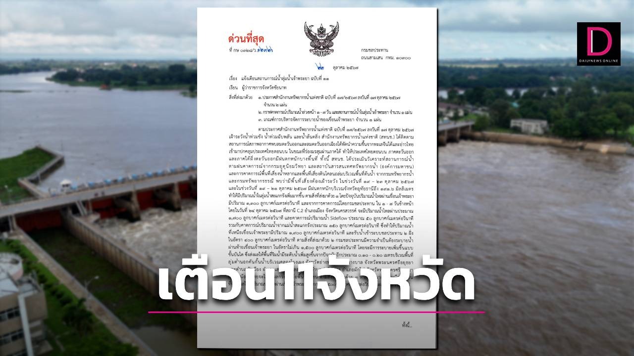 กรมชลฯ เตือนสถานการณ์น้ำลุ่มเจ้าพระยา 11 จังหวัดเตรียมรับมือ